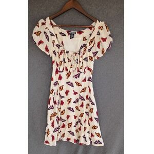 Hot Topic Butterfly Print Milkmaid Mini Dress Cream Lace Up Back XS Puff Sleeve
